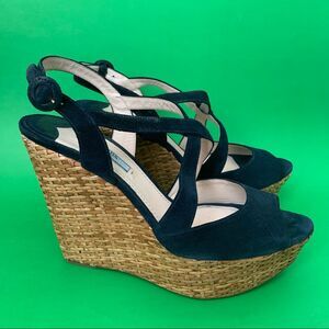 PRADA Suede Crisscross Wicker Wedge Sandal Navy Women's Size 39.5
